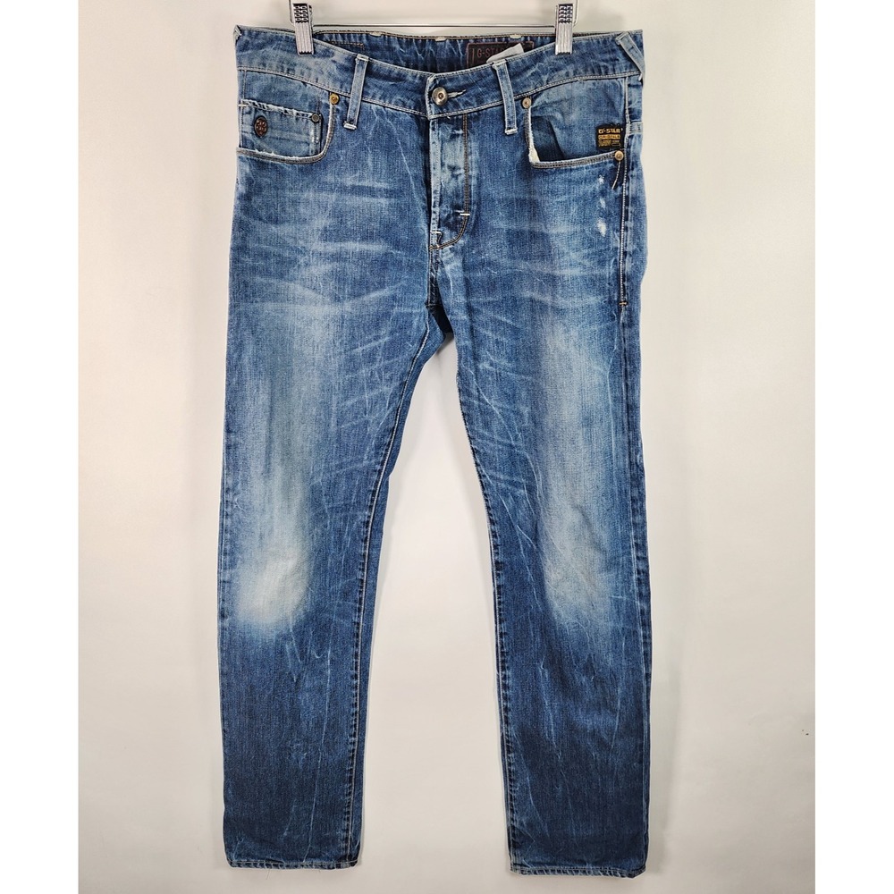 G-Star Raw Hellar Low Straight Jeans Men's 33W x 34L Button-Fly Blue Denim